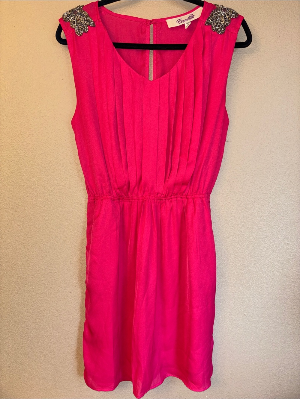 Emmelee L Hot Pink Sleeveless Elastic Waist Mini Dress Pleated Sequins Pockets!